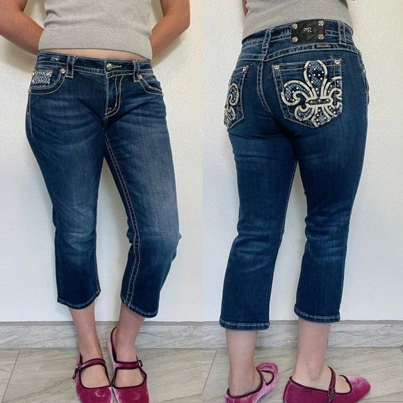 Miss Me | Dark Wash Low-Rise Embellished Cropped Capri Jeans - Picture 1 of 9